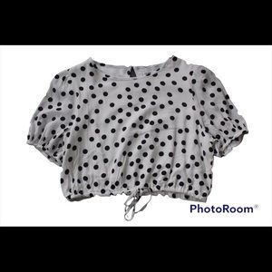 White with black polka dot Charlie Holiday crop top with bow string waist